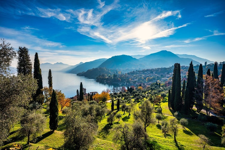 Aerial view of Castle Vezio and Lake Como, Varenna, Lombardy, Italy