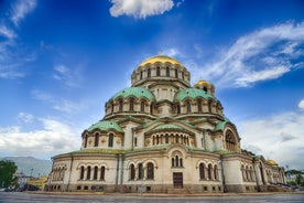 Photo of aerial view of The Cathedral of the Assumption and Varna city at amazing sunset, Bulgaria.