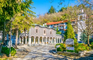 Photo of beautiful view of the Orthodox Rila Monastery, a famous tourist attraction and cultural heritage monument in the Rila Nature Park mountains in Bulgaria.