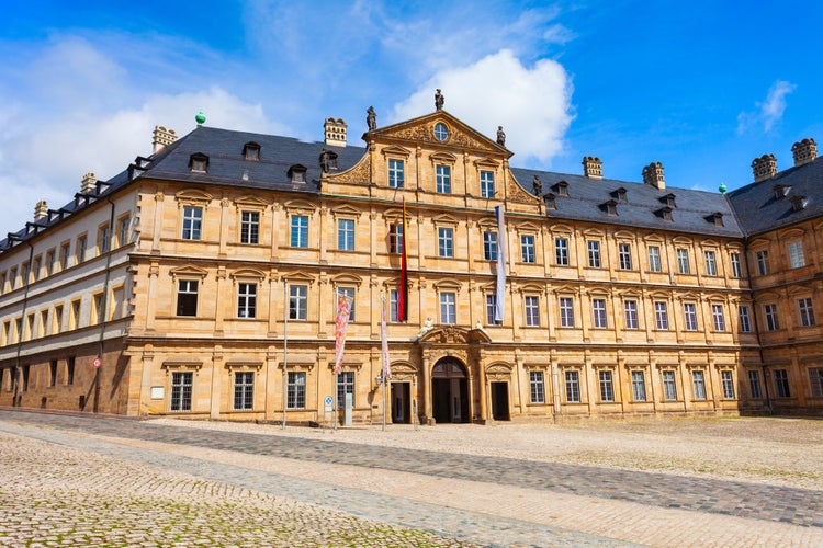 New Residence building at Domplatz square in Bamberg old town. Bamberg is a city on the river Regnitz in Upper Franconia, Bavaria in Germany.