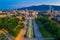 Photo of sunset aerial view of the National Palace of Culture in Sofia, Bulgaria.