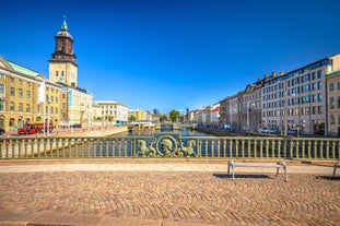 Photo of Motala stream in Norrkoping during fall, that is a historic industrial town in Sweden.