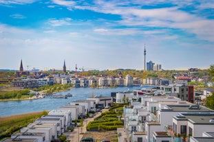 Photo of aerial view of the city ,Rheinturm and Media Harbour district in Dusseldorf city in Germany.