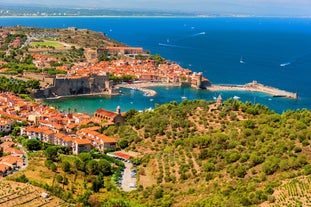 photo of aerial view of Argelès-sur-Mer with sandy beach in the Pyrénées, France.