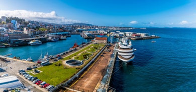 Photo of aerial view of the town of Cangas in the Bay of Vigo, Galicia, Spain.