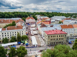 Scenic summer view of the Old Town and sea port harbor in Tallinn, Estonia.