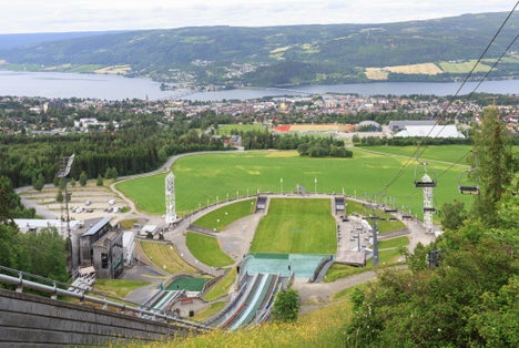 Panoramic view of Lillehammer from top of ski jumping hill. Lillehammer hosted the 1994 Winter Olympics and 2016 Winter Youth Olympics
