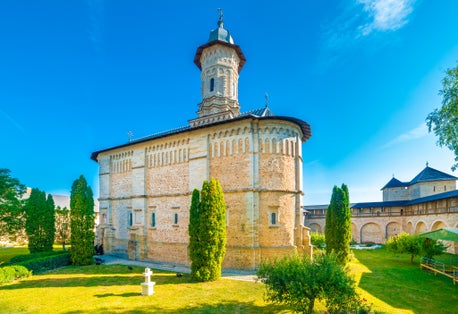 Photo to Dragomirna fortress Christian monastery, Suceava, Moldavia, Bucovina Romania.