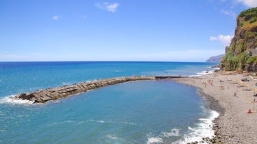 Aerial drone view of Camara de Lobos village, Madeira.