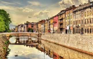 Photo of aerial view of the old bridge and river in city of Mostar, Bosnia and Herzegovina.