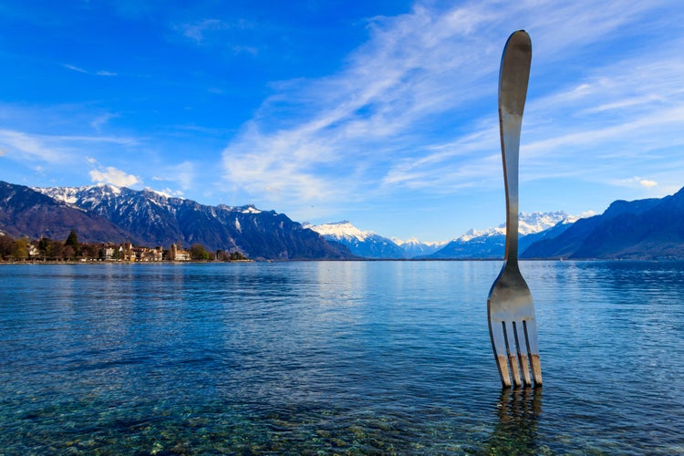 Photo of Fork of Vevey is a 8 metre stainless steel fork in water of Lake Geneva in Vevey, Switzerland.