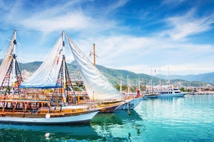 Photo of Kizil Kule or Red Tower and port aerial panoramic view in Alanya city, Antalya Province on the southern coast of Turkey.