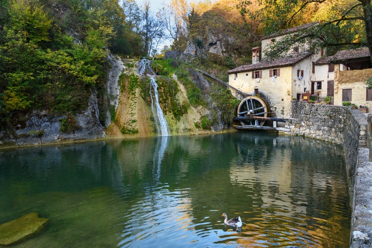 Ancient watermill wheel, Molinetto della Croda in Lierza valley. Refrontolo. Province of Treviso. Italy