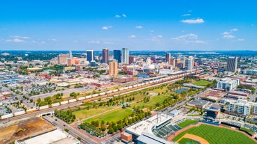 Aerial drone view of Manchester city in UK on a beautiful sunny day.