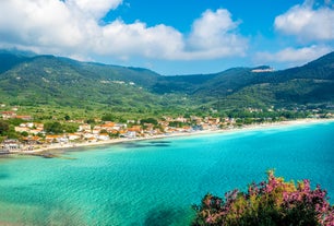 Photo of panoramic aerial view of Skala popular touristic destination in Lesvos island, Aegean sea, Greece.