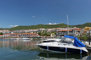 Photo of panoramic aerial view of the sea port of Sveti Vlas in Bulgaria.