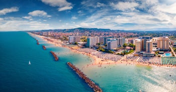 photo of aerial landscape photography of splendid summer view from flying drone of Montesilvano public beach. Wonderful morning seascape of Adriatic Sea in Italy, Europe.