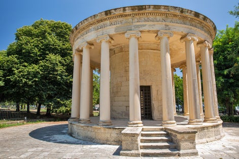 photo of Maitland Monument, also known as the Maitland Rotunda or the Peristyle of Maitland closeup. It is a neoclassical monument located at the end of Spianada square in Kerkyra, Corfu, Greece.c,Corfu Greece.