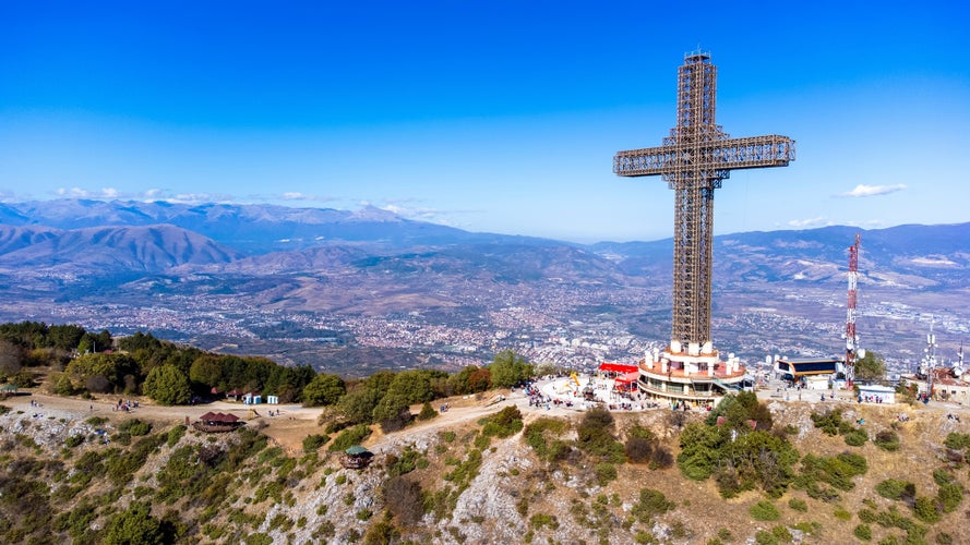 Photo of the Millennium Cross,a 66-meter tall cross, built on top Vodno Mountain in 2002 to commemorate 2,000 years of Christianity in Macedonia.