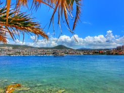 Photo of aerial view of Kuşadası beach resort town on Turkey’s western Aegean coast.