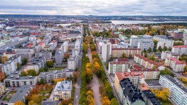 Helsinki cityscape with Helsinki Cathedral and port, Finland