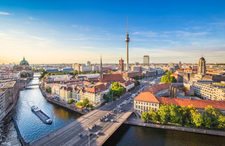 Aerial view of Berlin skyline and Spree river in beautiful evening light at sunset in summer, Germany.jpg