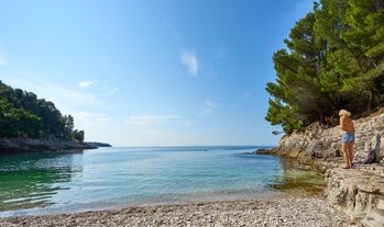 Photo of aerial view of beautiful town of Medulin waterfront view, Istria region of Croatia.