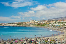 photo of aerial view of the beach and lagoon of Los Cristianos resort on Tenerife, Canary Islands, Spain.