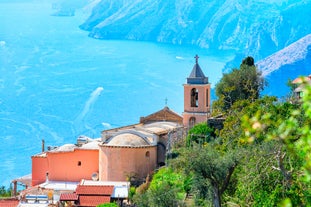 Photo of aerial morning view of Amalfi cityscape on coast line of Mediterranean sea, Italy.