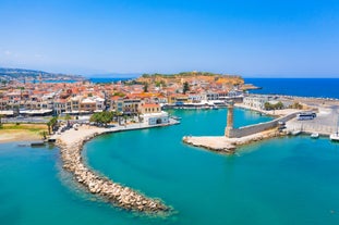 Photo of aerial view of the old Venetian harbor of Rethimno, Crete, Greece.