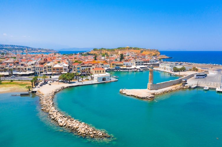 Photo of aerial view of the old Venetian harbor of Rethymno, Crete, Greece.