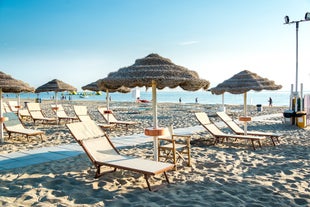 Photo of amazing landscape with beautiful sea beach on sunset in Viserbella, Italy.