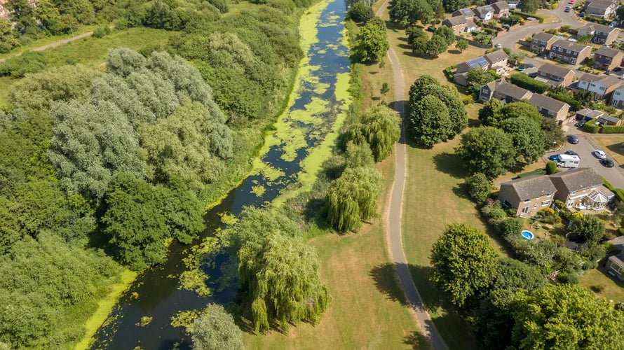 Aerial view of river Colne in Colchester, Essex, UK