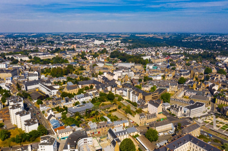 Aerial view of Saint-Brieuc commune with modern and medieval buildings, Brittany, northwestern France