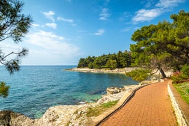 Photo of aerial view of town of Umag historic coastline architecture , archipelago of Istria region, Croatia.