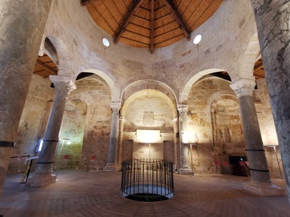 A view of the eleventh century Church of San Giovanni al Sepolcro in Brindisi in the Puglia region of Italy from the public access garden on its back side