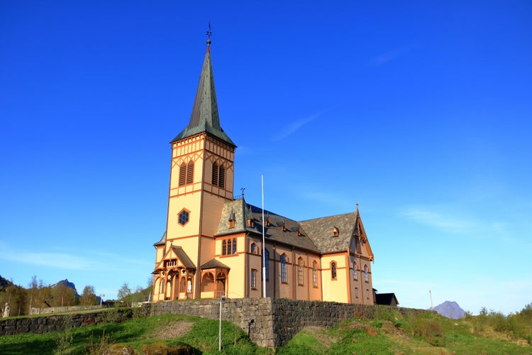 the Kabelvag Wooden Church in blue sky, Lofoten Islands, Norway.