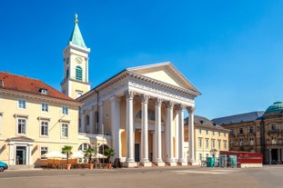 Photo of aerial view of Ludwigsburg Castle with garden and the city in Germany.