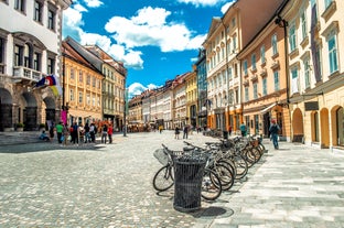 Capital of Slovenia, panoramic view with old town and castle.