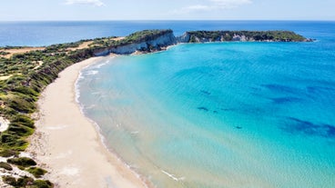 Photo of aerial view of beautiful landscape of Navagio Beach with shipwreck on Zakynthos island, Greece.