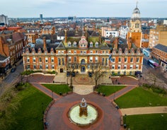 Aerial drone view of Manchester city in UK on a beautiful sunny day.