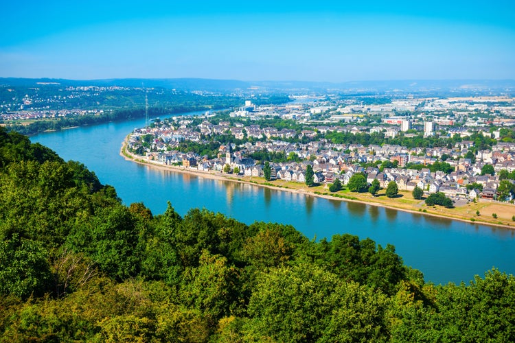 photo of view of Koblenz aerial panoramic view. Koblenz is a city on the Rhine where it is joined by Moselle river.