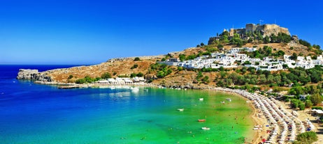 Photo of colorful houses in the village Koskinou on the island of Rhodes, Greece.