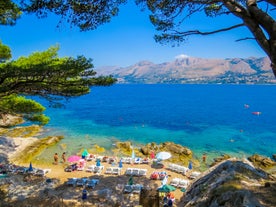 Photo of panoramic aerial view of the old town of Dubrovnik, Croatia seen from Bosanka viewpoint on the shores of the Adriatic Sea in the Mediterranean Sea.