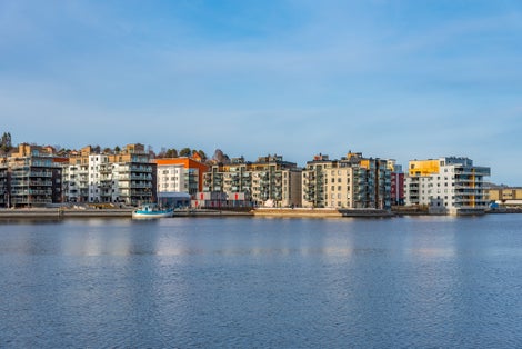 photo of view of Residential buildings on shore of Bothnian bay at Sundsvall, Sweden.