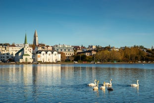 Panoramic view of Reykjavik, the capital city of Iceland, with the view of harbor and mount Esja.