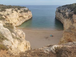 Photo of aerial view of Beautiful Portuguese beaches Armacao de Pera, Portugal.