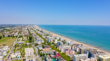 Photo of aerial view of Lido di Jesolo, or Jesolo Lido the beach area of the city of Jesolo in the province of Venice, Italy.