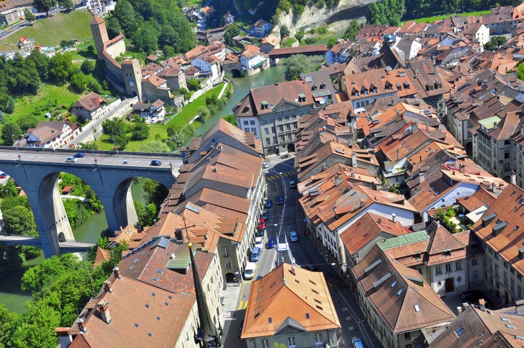 Photo of aerial view of historic old town of Fribourg in Switzerland.