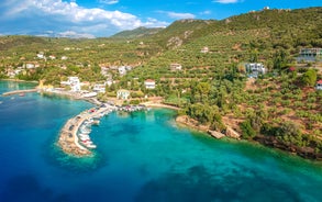 Photo of aerial view of Kalamata city and it's marina, Messenia, Peloponnese, Greece.